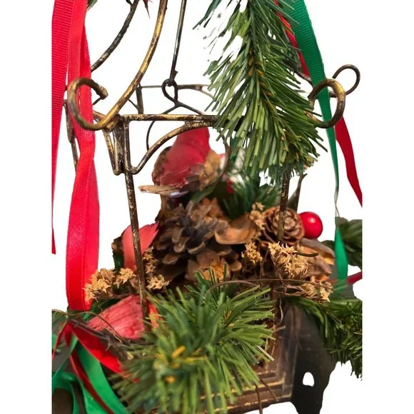 Vtg Christmas MCM Cardinal Metal Bird Cage Hanging Holly Ribbon